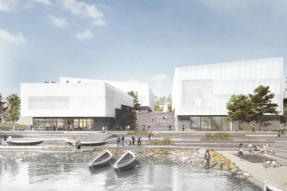nytt museum illustrasjon arkitekt henning larsen.jpg En illustrasjon av fire hvite bygg ved en urban strandlinje